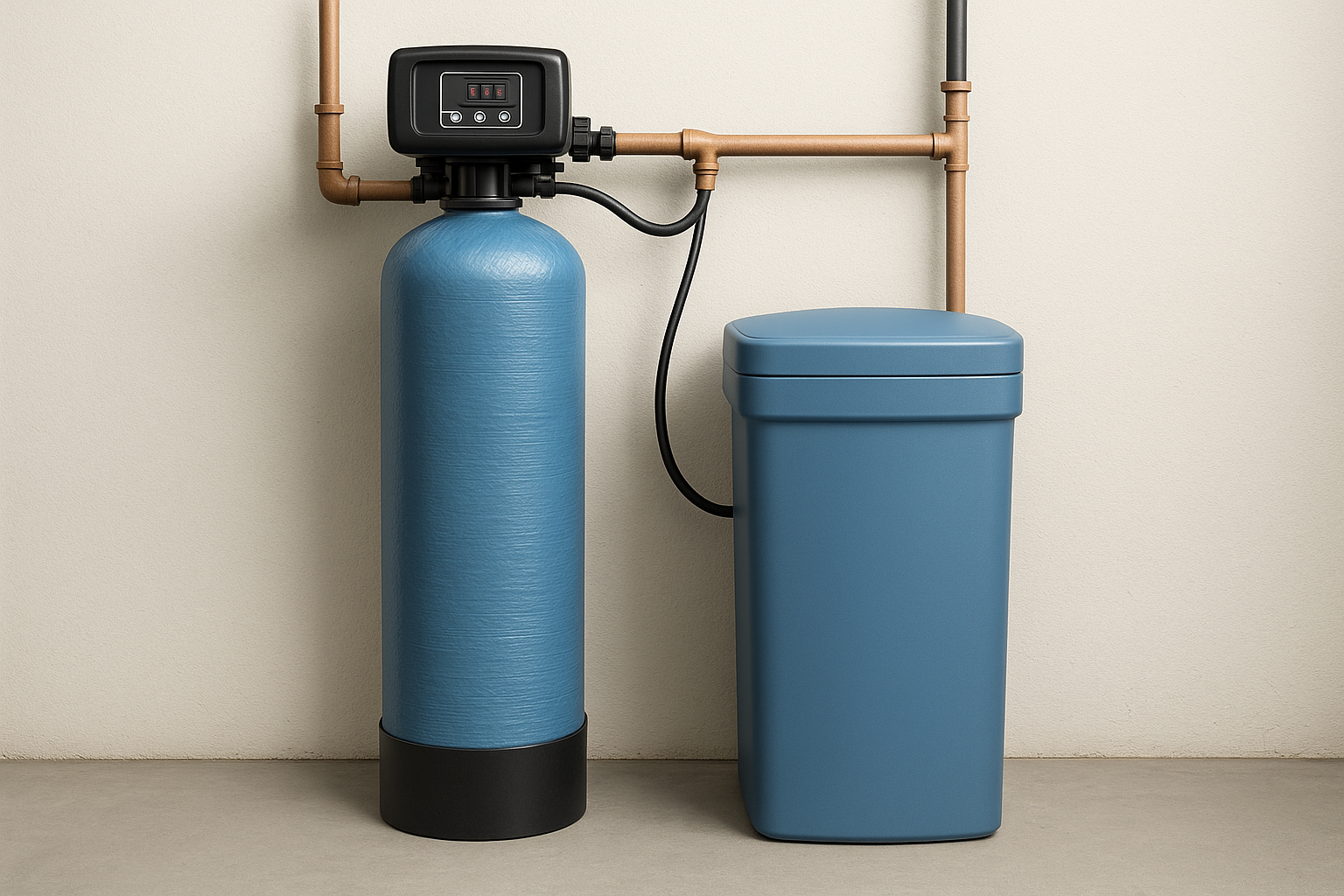 Home Water Softener System A detailed network of pipes and valves in a mechanical room, with black, red, and blue tubing connected to tanks and equipment.